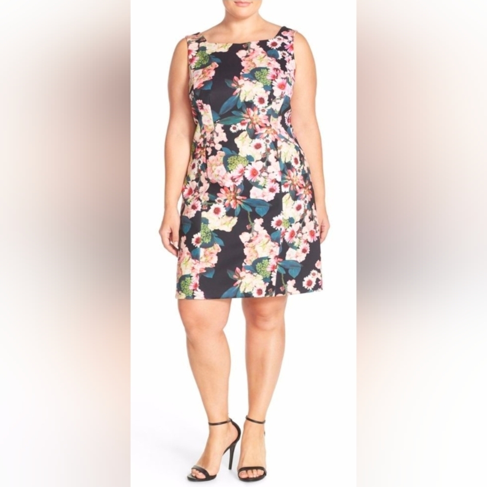 Adrianna Papell Scuba Sheath Dress Black Pink Floral Stretch 16W